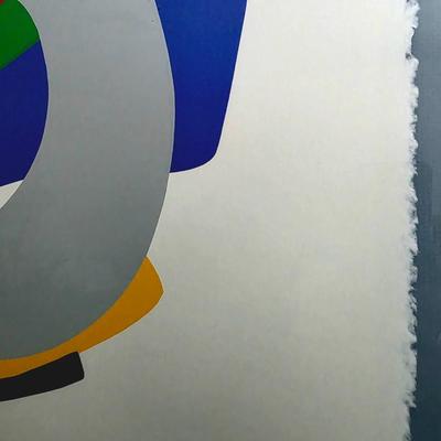 Sale Photo Thumbnail #7: Vibrant contemporary abstract serigraph/print by Serbian American postmodern artist, Daniel Gelakoska (1944/5-2015) "Dakota Sun Shield" 1984 signed and numbered 158/200 professionally framed. Gelakoska graduated from Kendall College of Art and Design in G