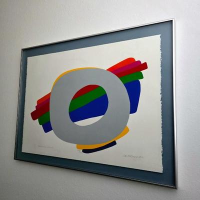 Sale Photo Thumbnail #2: Vibrant contemporary abstract serigraph/print by Serbian American postmodern artist, Daniel Gelakoska (1944/5-2015) "Dakota Sun Shield" 1984 signed and numbered 158/200 professionally framed. Gelakoska graduated from Kendall College of Art and Design in G