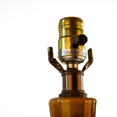 Sale Photo Thumbnail #29: Mid-Century Modern, often associated with the "Etruscan" style. Features a drip or "lava" glaze in shades of green, yellow, and brown. Tested, works as expected, designed for use with a 3-way bulb.