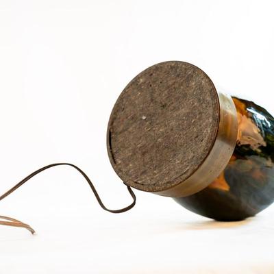 Sale Photo Thumbnail #28: Mid-Century Modern, often associated with the "Etruscan" style. Features a drip or "lava" glaze in shades of green, yellow, and brown. Tested, works as expected, designed for use with a 3-way bulb.