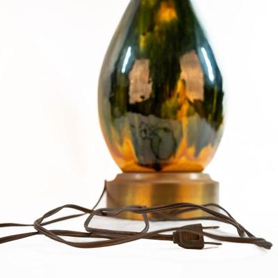 Sale Photo Thumbnail #30: Mid-Century Modern, often associated with the "Etruscan" style. Features a drip or "lava" glaze in shades of green, yellow, and brown. Tested, works as expected, designed for use with a 3-way bulb.