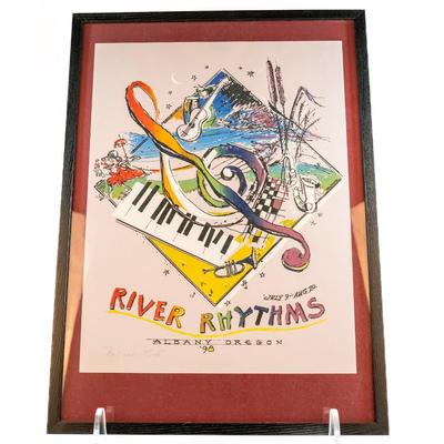 Sale Photo Thumbnail #565: Vintage framed poster music festival in Albany, Oregon created. by Earl Newman. It features musical imagery.