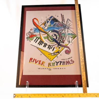 Sale Photo Thumbnail #568: Vintage framed poster music festival in Albany, Oregon created. by Earl Newman. It features musical imagery.