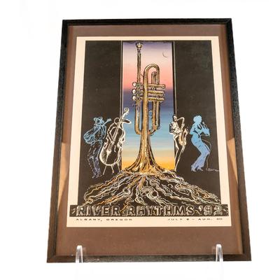 Sale Photo Thumbnail #560: The artwork is centered around a large, detailed trumpet at the base of the image. The overall aesthetic is evocative of jazz music and culture.