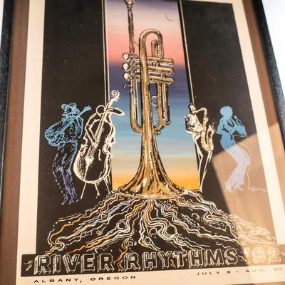 Sale Photo Thumbnail #564: The artwork is centered around a large, detailed trumpet at the base of the image. The overall aesthetic is evocative of jazz music and culture.