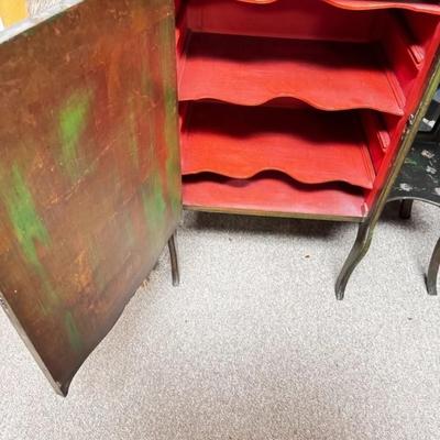 Sale Photo Thumbnail #398: Antique Hand-Painted French Victorian Style Cabinet W/ Glass Doors & Mirror
• Features intricate hand-painted designs and floral motifs
• Includes beveled mirror and glass-paneled doors
• Sturdy wood construction for durability
• Ample storage wit