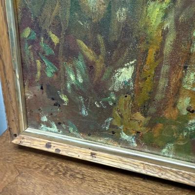 Amateur Framed Art: Oil on Canvas, 2 People in a Boat in the Jungle Tropics