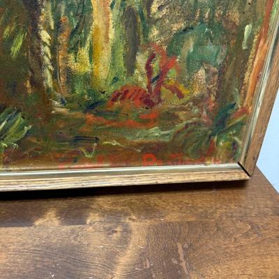 Amateur Framed Art: Oil on Canvas, 2 People in a Boat in the Jungle Tropics