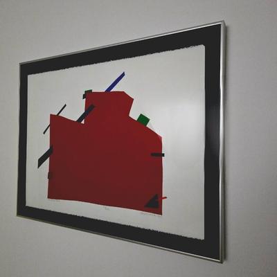 Sale Photo Thumbnail #12: Vibrant contemporary abstract serigraph/print by Serbian American postmodern artist, Daniel Gelakoska (1944/5-2015) "Santa Fe Red" 1984 signed and numbered 27/200 professionally framed. Gelakoska graduated from Kendall College of Art and Design in Grand R