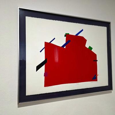 Sale Photo Thumbnail #11: Vibrant contemporary abstract serigraph/print by Serbian American postmodern artist, Daniel Gelakoska (1944/5-2015) "Santa Fe Red" 1984 signed and numbered 27/200 professionally framed. Gelakoska graduated from Kendall College of Art and Design in Grand R