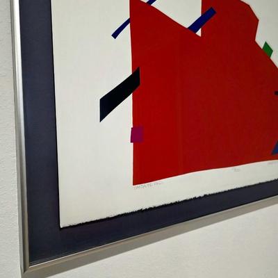 Sale Photo Thumbnail #18: Vibrant contemporary abstract serigraph/print by Serbian American postmodern artist, Daniel Gelakoska (1944/5-2015) "Santa Fe Red" 1984 signed and numbered 27/200 professionally framed. Gelakoska graduated from Kendall College of Art and Design in Grand R