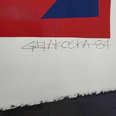 Sale Photo Thumbnail #14: Vibrant contemporary abstract serigraph/print by Serbian American postmodern artist, Daniel Gelakoska (1944/5-2015) "Santa Fe Red" 1984 signed and numbered 27/200 professionally framed. Gelakoska graduated from Kendall College of Art and Design in Grand R