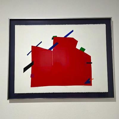 Sale Photo Thumbnail #19: Vibrant contemporary abstract serigraph/print by Serbian American postmodern artist, Daniel Gelakoska (1944/5-2015) "Santa Fe Red" 1984 signed and numbered 27/200 professionally framed. Gelakoska graduated from Kendall College of Art and Design in Grand R