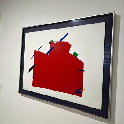 Sale Photo Thumbnail #10: Vibrant contemporary abstract serigraph/print by Serbian American postmodern artist, Daniel Gelakoska (1944/5-2015) "Santa Fe Red" 1984 signed and numbered 27/200 professionally framed. Gelakoska graduated from Kendall College of Art and Design in Grand R