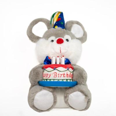 Sale Photo Thumbnail #174: Stuffed mouse with grey and white fur, large ears, and a red nose. Its wearing a colorful party hat and bow.