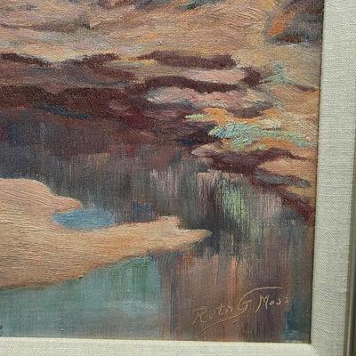 Sale Photo Thumbnail #41: Original vintage oil on canvas, "Colorado River" by Grand Junction, CO artist, Ruth G. Moss (1916-2011) is exceptionally beautiful. It truly warrants appreciation. Ruth started with sculpting and works with clay in high school and pursued her education At