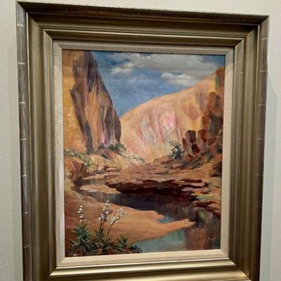 Sale Photo Thumbnail #38: Original vintage oil on canvas, "Colorado River" by Grand Junction, CO artist, Ruth G. Moss (1916-2011) is exceptionally beautiful. It truly warrants appreciation. Ruth started with sculpting and works with clay in high school and pursued her education At