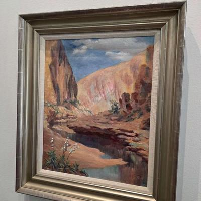 Sale Photo Thumbnail #39: Original vintage oil on canvas, "Colorado River" by Grand Junction, CO artist, Ruth G. Moss (1916-2011) is exceptionally beautiful. It truly warrants appreciation. Ruth started with sculpting and works with clay in high school and pursued her education At