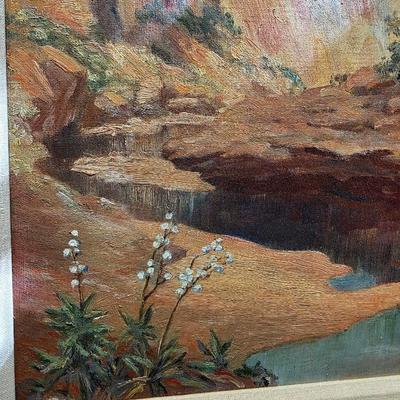 Sale Photo Thumbnail #40: Original vintage oil on canvas, "Colorado River" by Grand Junction, CO artist, Ruth G. Moss (1916-2011) is exceptionally beautiful. It truly warrants appreciation. Ruth started with sculpting and works with clay in high school and pursued her education At