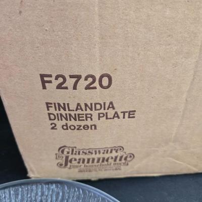 Jeannette Glassware Finlandia dinner plates, which are part of the Churchill Finlandia collection