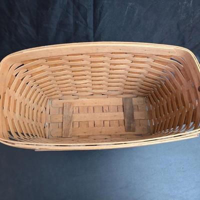 Longaberger footed magazine basket dated 1989 and signed by its weaver with wooden Pumpkin -
