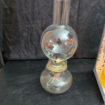 Two glass chamber-style oil lamps -Lamplight Farms.