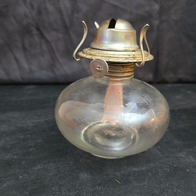 Two glass chamber-style oil lamps -Lamplight Farms.