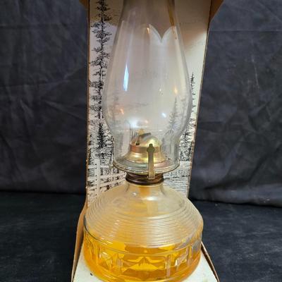 Two glass chamber-style oil lamps -Lamplight Farms.