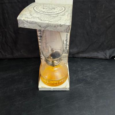 Two glass chamber-style oil lamps -Lamplight Farms.