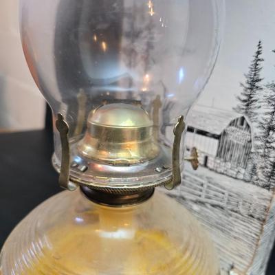 Two glass chamber-style oil lamps -Lamplight Farms.