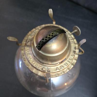 Two glass chamber-style oil lamps -Lamplight Farms.