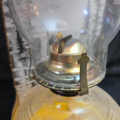 Two glass chamber-style oil lamps -Lamplight Farms.