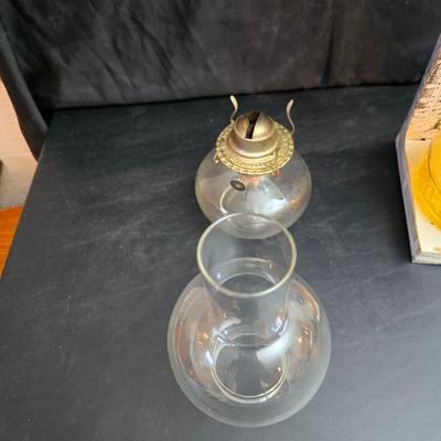 Two glass chamber-style oil lamps -Lamplight Farms.