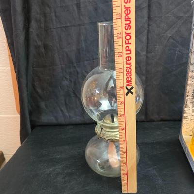 Two glass chamber-style oil lamps -Lamplight Farms.