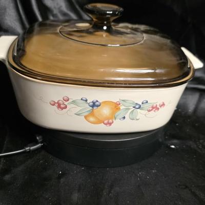 Vintage Square Fruit Motif Casserole Dish with Warmer - 8x8 Retro Charm