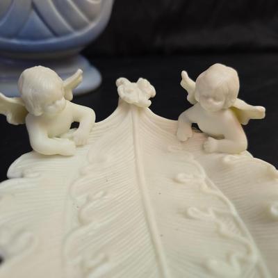 Vintage Hull Art Pottery "Mardi Gras" or "Granada" double-handled vase, likely from the 1940s & a creamy white...