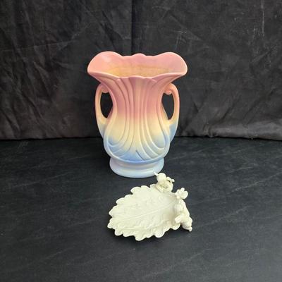 Vintage Hull Art Pottery "Mardi Gras" or "Granada" double-handled vase, likely from the 1940s & a creamy white...