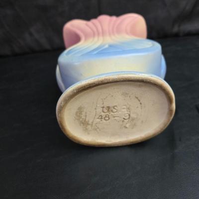 Vintage Hull Art Pottery "Mardi Gras" or "Granada" double-handled vase, likely from the 1940s & a creamy white...