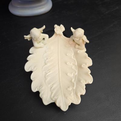 Vintage Hull Art Pottery "Mardi Gras" or "Granada" double-handled vase, likely from the 1940s & a creamy white...