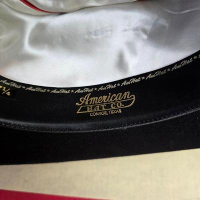 Black felt American Hat Company cowboy hat with a braided hatband with white tassels, with its original box. Size 7 1/4 comes with a hat...