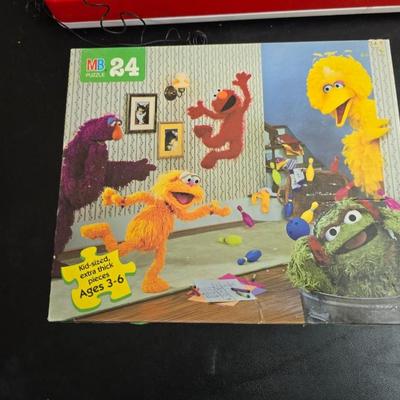 Vintage toys for 4+ age group = Handcrafted wood truck - 2 sesame street puzzles and a Tyco Magic fax machine / Magic Copier