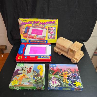 Vintage toys for 4+ age group = Handcrafted wood truck - 2 sesame street puzzles and a Tyco Magic fax machine / Magic Copier