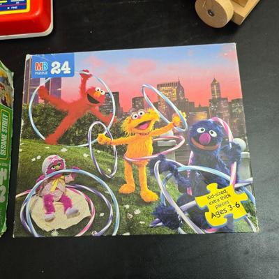 Vintage toys for 4+ age group = Handcrafted wood truck - 2 sesame street puzzles and a Tyco Magic fax machine / Magic Copier