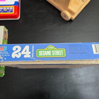 Vintage toys for 4+ age group = Handcrafted wood truck - 2 sesame street puzzles and a Tyco Magic fax machine / Magic Copier