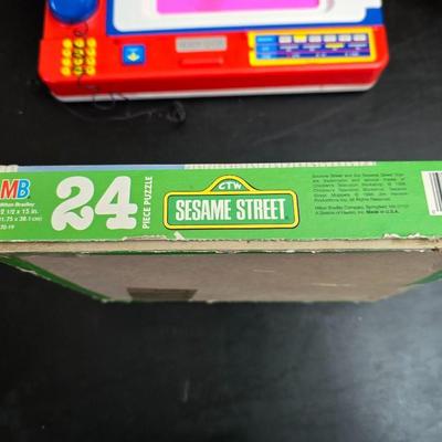 Vintage toys for 4+ age group = Handcrafted wood truck - 2 sesame street puzzles and a Tyco Magic fax machine / Magic Copier