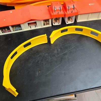 vintage Hot Wheels Super-Charger Race Set with vintage 1968 Mattel Hot Wheels Super-Charger restaurant/garage buildings.