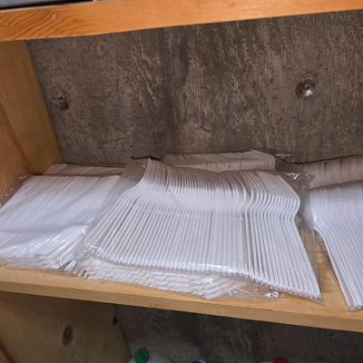 Large assortment of Kitchen must haves - bags - paper plates - plastic flatware and a Leifheit kitchen roll holder