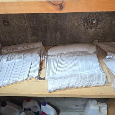 Large assortment of Kitchen must haves - bags - paper plates - plastic flatware and a Leifheit kitchen roll holder