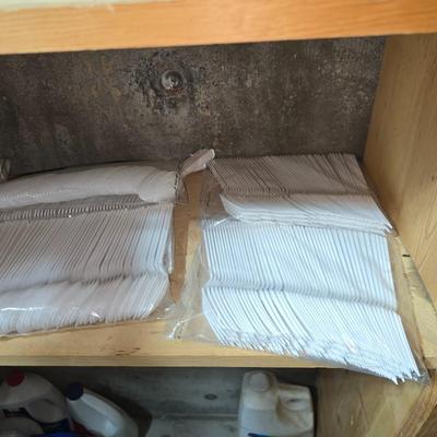 Large assortment of Kitchen must haves - bags - paper plates - plastic flatware and a Leifheit kitchen roll holder