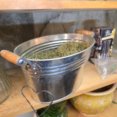 Large assortment of mostly ceramic garden pots, vases, with a new rain gauge and new Russco iii wind chime